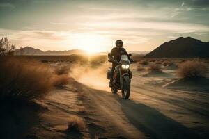 Biker Reiten ein Motorrad durch ein Wüste Landschaft, gegen ein Sonnenuntergang Hintergrund, mit ein Sinn von Abenteuer und Freiheit. Konzept Erkundung und Aufregung. generativ ai foto