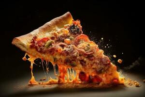 ein Pizza Scheibe mit das Belag explodiert aus das Kruste, wie wenn Sprengung mit Geschmack und Aufregung. generativ ai foto