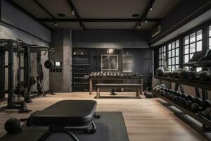 ein makellos Zuhause Fitnessstudio mit glänzend Silber Gewicht Bänke, Hanteln, ein elliptisch Maschine und Stanzen Tasche gegen ein Hintergrund von Designer Sport Flaschen. generativ ai. foto