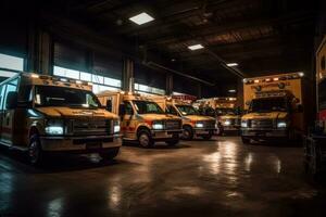 ein Schuss von ein Flotte von Krankenwagen im ein Garage oder viel, präsentieren das Größe und Umfang von ein Notfall medizinisch Bedienung Unternehmen. generativ ai foto