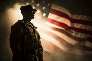 ein Silhouette von ein Soldat im Uniform, mit das amerikanisch Flagge winken im das Hintergrund. Gruß Karte zum Veteranen Tag, Denkmal Tag, Unabhängigkeit Tag. Amerika Feier. generativ ai foto