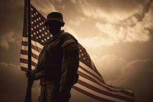 ein Silhouette von ein Soldat im Uniform, mit das amerikanisch Flagge winken im das Hintergrund. Gruß Karte zum Veteranen Tag, Denkmal Tag, Unabhängigkeit Tag. Amerika Feier. generativ ai foto