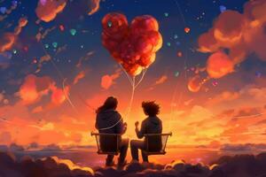 ein surreal Illustration von ein Paar Sitzung auf ein Wolke, mit ihr Herzen in Verbindung gebracht durch ein Zeichenfolge von bunt Luftballons, lebendig Sonnenuntergang Himmel, Darstellen das Freude und Glück gefunden im Liebe. generativ ai foto