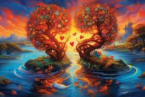 ein surreal Illustration von zwei verflochten Herzen schwebend im ein beschwingt, traumhaft Landschaft gefüllt mit wirbelnd Muster und lebendig Farben, symbolisieren das Intensität und Schönheit von Liebe. generativ ai foto