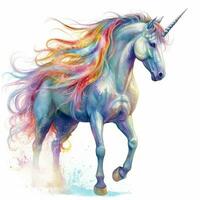 ein Vektor Illustration von ein mythisch Einhorn, mit ein regenbogenfarben Mähne und Horn, gegen ein Weiß Hintergrund. druckbar Design zum Tätowierung, Mauer Kunst, Poster, T-Shirts, Tassen, Fälle. generativ ai foto