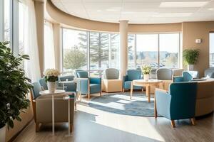 ein Bild mit ein Begrüßung und komfortabel warten Bereich mit stilvoll Sitzplätze, beruhigend Farben, und natürlich Licht, Erstellen ein beruhigend Atmosphäre zum Patienten und Besucher. generativ ai foto