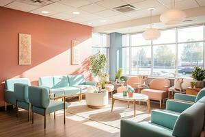 ein Bild mit ein Begrüßung und komfortabel warten Bereich mit stilvoll Sitzplätze, beruhigend Farben, und natürlich Licht, Erstellen ein beruhigend Atmosphäre zum Patienten und Besucher. generativ ai foto