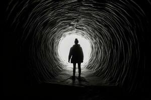 ein Bild von ein Person entstehenden von ein dunkel Tunnel gegenüber das Licht, symbolisieren das Transformation und Wiedergeburt damit verbundenen mit das Auferstehung. generativ ai foto