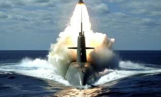 ein Bild von ein U-Boot Starten balistisch Rakete , präsentieren es ist beleidigend Fähigkeiten und das Intensität von Marine- Krieg. generativ ai foto