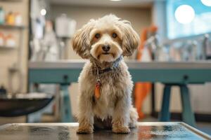 Hund Sein gewaschen und gepflegt im ein modisch Salon Einstellung, reflektieren das Konzept von Pflege wie ein bilden von Selbstpflege zum Haustiere. generativ ai foto