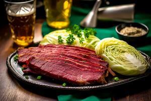 ein Overhead Schuss von ein Teller von traditionell irisch corned Rindfleisch und Kohl mit ein Grün Bier im das Hintergrund. generativ ai foto