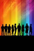 Silhouette Gruppe von Erwachsene Menschen Transgender Männer und Frauen mit Regenbogen Farben. generativ ai foto