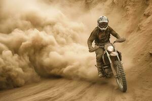 Offroad Motorrad im Staub Wolke mit Sand Wolke auf Hintergrund. Biker Fahrer im Aktion. generativ ai foto