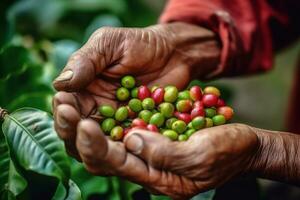 Nahansicht von ein Kaffee Bohne Sein gepflückt durch ein Landwirte Hand gegen ein Hintergrund von beschwingt Grün Kaffee Pflanzen, präsentieren das sorgfältig Prozess von Ernte Kaffee. generativ ai foto