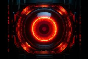 ein Nahansicht Schuss von ein futuristisch Computer Schnittstelle mit ein rot glühend Auge. generativ ai foto