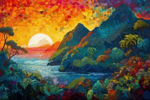 hawaiisch Landschaften gerendert im hell abstrakt pointillistisch Stil, mit tupft von Farbe zusammengeführt zusammen zu bilden vulkanisch Klippen, Palme Haine, Ozean Wellen und Sonnenuntergänge. generativ ai foto
