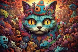 höchst detailliert trippy Katze, unheimlich Farben, psychedelisch. generativ ai foto