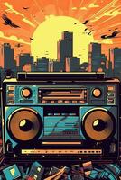 Illustration alt gestaltet retro Stil Audio- Band Recorder, Ghetto Boombox auf ein grafisch Hintergrund. tragbar Stereo. 80er Jahre Musik. städtisch Stil Party generativ ai foto