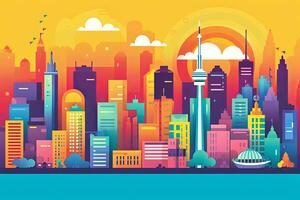 Illustration von ein regenbogenfarben Stadtbild mit ikonisch Sehenswürdigkeiten, Darstellen das global erreichen und Annahme von das lgbtq Gemeinschaft. generativ ai foto