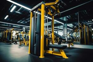 Fitnessstudio Innere mit modern Fitness Ausrüstung. Konzept Fitness Ausrüstung. generativ ai foto