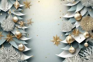 Papier Kunst von luxuriös Weihnachten Baum geschichtet Hintergrund geschmückt mit Gold und Silber Ornamente, Erstellen ein elegant und anspruchsvoll Urlaub Ambiente. generativ ai foto
