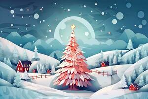 Papier Schnitt Kunst Stil ein Bild präsentieren ein schön dekoriert Weihnachten Baum im ein schneebedeckt Landschaft, hervorrufen ein Sinn von Wunder und Urlaub Magie. generativ ai foto