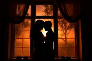 Silhouette von ein Paar im ein intim Umarmung gegen ein Fenster, hervorrufen das Leidenschaft und verboten Wünsche porträtiert im das Geschichte. generativ ai foto