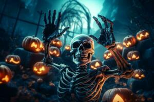 Skelett Zombie steigend von ein Friedhof. Halloween Kürbisse beleuchtet im ein dunkel gespenstisch Friedhof beim Nacht. generativ ai foto