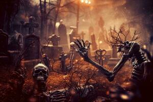Skelett Hände steigend von ein Friedhof. Konzept Halloween Hintergrund. generativ ai foto