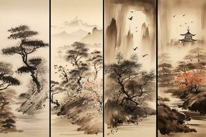 Wald Baum mit Blumen Berge und Tempel im traditionell japanisch Gemälde sumi-e Tinte Kunst. ai generativ. foto