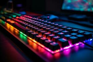 Arbeiten auf ein Neon- Computer Tastatur mit farbig Hintergrundbeleuchtung. Computer Video Spiele, hacken, Technologie, Internet Konzept. generativ ai foto