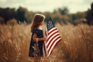 Porträt von ein süß wenig Mädchen Stehen im ein Feld mit ein amerikanisch Flagge. Unabhängigkeit Tag, Flagge Tag Konzept. generativ ai foto