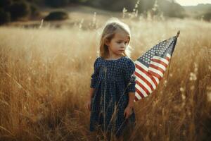 Porträt von ein süß wenig Mädchen Stehen im ein Feld mit ein amerikanisch Flagge. Unabhängigkeit Tag, Flagge Tag Konzept. generativ ai foto