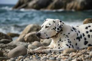 ein Dalmatiner rollen um und spielen beim ein abgelegen Kieselstein Strand, ungestört durch jemand anders. sogar das Hund erscheint entspannt und sorglos. generativ ai foto