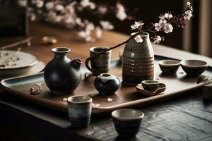 ein fesselnd, japanisch inspiriert Sake Präsentation, mit ein traditionell Sake Satz, einschließlich ein Keramik Flasche und klein Tassen, umgeben durch Kirsche Blüten und minimalistisch Dekor. generativ ai foto