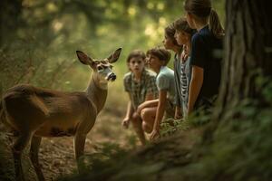 ein fesselnd, Tierwelt Begegnung während ein Familie Camping Reise, mit Eltern und Kinder beobachten ein Reh, Förderung ein Sinn von Wunder und Anerkennung zum Natur. generativ ai foto