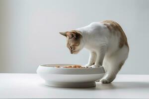 ein charmant, Seitenprofil Bild von ein Katze aufmerksam Essen von ein stilvoll, Essen Gericht, elegant Haltung von das katzenartig, einstellen gegen ein Weiß Hintergrund. foto