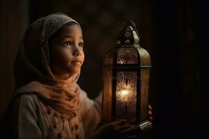 ein Kind halten ein Laterne während Ramadan. das Kind Sein gezeigt suchen oben im Wunder beim das Laterne, mit das Fokus auf das Unschuld und Freude von Kindheit während Ramadan. generativ ai foto