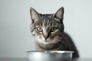 ein Nahaufnahme, bezaubernd Bild von ein Katze glücklich mampfend auf es ist Liebling Essen oder behandelt, mit es ist Schnurrhaare und Nase begraben im das Gericht, einstellen gegen ein sauber, auf Weiß Hintergrund. generativ ai foto