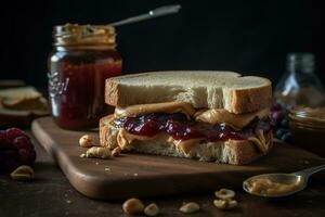 klassisch Erdnuss Butter und Gelee Sandwich, mit das reich, cremig Erdnuss Butter perfekt gepaart mit ein süss, fruchtig Marmelade oder Gelee. generativ ai. foto