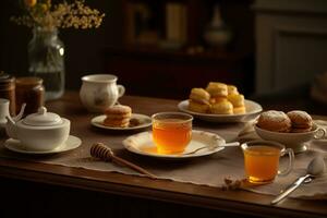 ein gemütlich, Honig Tee Szene, mit ein dämpfen Tasse von Tee gesüßt mit ein Nieselregen von golden Honig, begleitet durch ein Teller von Honig mit ...-Geschmack Kekse einstellen im ein warm, einladend Atmosphäre. generativ ai foto