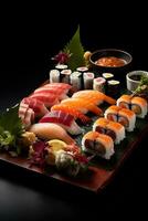Sushi Teller, mit ein Vielfalt von frisch Fisch, Sushi Rollen, und elegant garniert, vorgestellt auf ein glatt, modern Platte. generativ ai foto