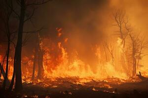 ein dicht Wald auf Feuer, dick schwarz Rauch wogend oben in das Orange Himmel. Flammen Lecken beim das verbleibend Baum Stämme. das Feuer tobt aus von Kontrolle. generativ ai foto