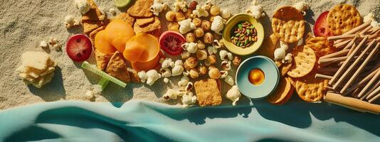 ein eben legen Bild von Strand Snacks eine solche wie Popcorn, Brezeln, und Obst auf ein bunt Strand Decke. Konzept Sommer- Thema Banner. generativ ai foto