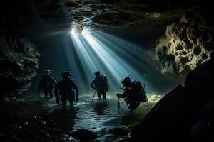 ein Gruppe von Taucher erkunden ein unter Wasser Höhle System. das Wasser sollte Sein dunkel und trübe, mit Balken von Licht leuchtenden durch von über. generativ ai foto