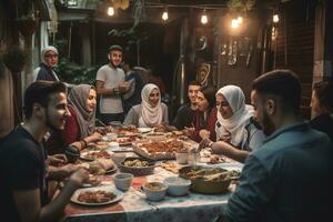 ein Gruppe von Menschen brechen ihr schnell zusammen. ein Tabelle voll von traditionell Ramadan Lebensmittel im das Vordergrund. Freude und Zusammengehörigkeit von das Gelegenheit, mit das Menschen gezeigt lächelnd. generativ ai foto