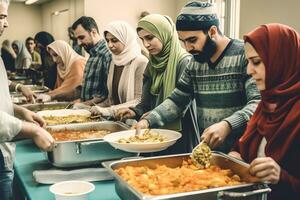 ein Gruppe von freunde Freiwilligenarbeit beim ein lokal Nächstenliebe während Ramadan. das Freiwillige Sein gezeigt im traditionell Ramadan Kleidung, mit das Betonung auf das Geist von geben und Mitgefühl. generativ ai foto