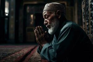 ein Mann beten beim ein Moschee. Mann s Hingabe wie er betet. das Moschee Sein gezeigt im das Hintergrund zu Betonung auf das spirituell Aspekt von Ramadan. generativ ai. foto