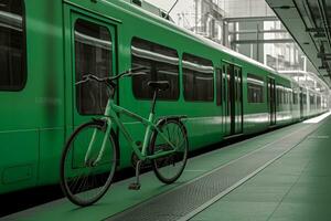 ein Grün Transport, eine solche wie ein Fahrrad und Öffentlichkeit Transit System, mit ein Sinn von Innovation und Nachhaltigkeit. Konzept Fortschritt und Verantwortung. generativ ai foto