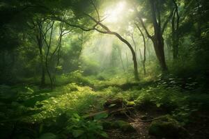 üppig Grün Wald, gegen neblig Hintergrund, mit ein Sinn von natürlich Schönheit und Gelassenheit. das Bild sollte vermitteln ein Sinn von Frieden und Ruhe. generativ ai foto